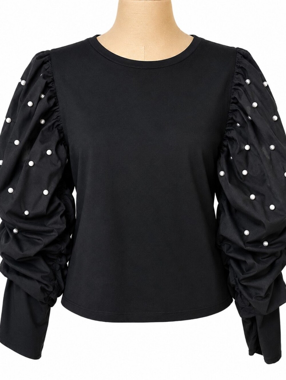 ZARA Black Top with Puff Sleeves & Pearl Details Size M